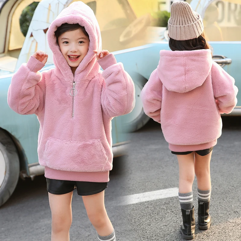 Pink Новые зимние модные толстовки с капюшоном для девочек; хлопковые теплые детские толстовки на молнии с длинными рукавами; детские топы с капюшоном; пальто для девочек; одежда - Цвет: Pink
