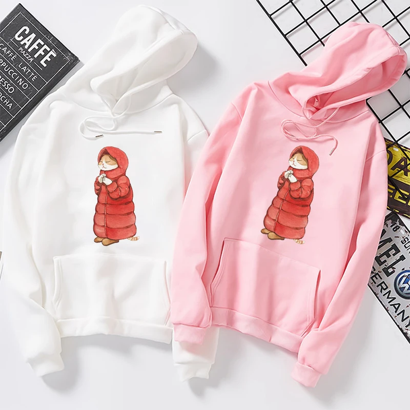 

Autumn Winter Sweatshirt Harajuku White Pink Long Sleeves Pullovers Femme Clothes Tops Women Cartoon Cat Printed Hooded Hoodies