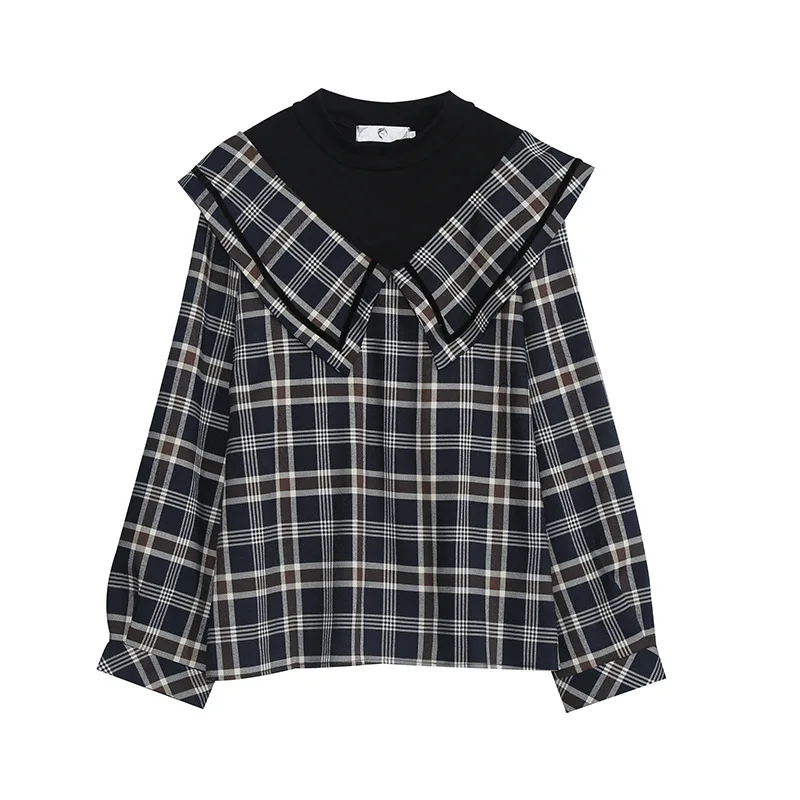 

21 spring and autumn new large size French retro contrast plaid fake two-piece shirt casual fashion blouse plus size clothing