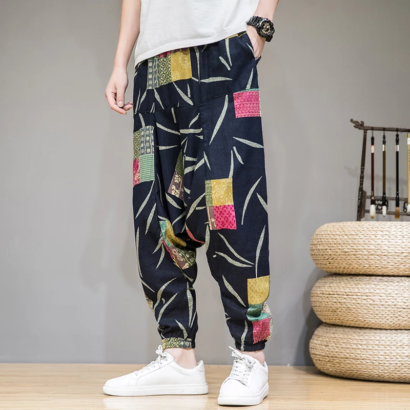 

2021 Men Summer Autumn Bloomers Male Casual Printed Loose Cotton Harem Pants Men Big Crotch Pants Men Hip Hop Baggy Pants