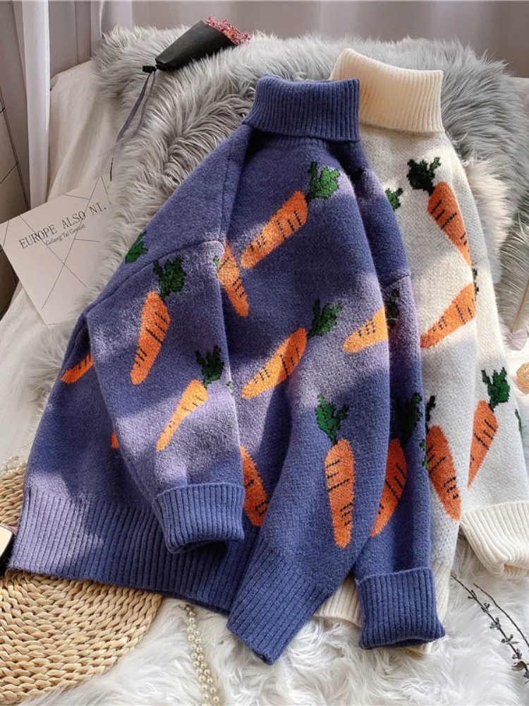 Водолазка вязаные женские свитера с принтом длинными рукавами свободные