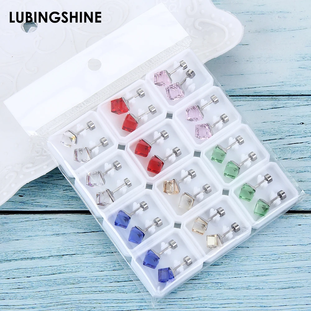 

12pairs/set Exquisite Crystal Stud Earrings for Women Stainless Steel Geometric Earring Set Screw Helix Piercings Earrings Gift