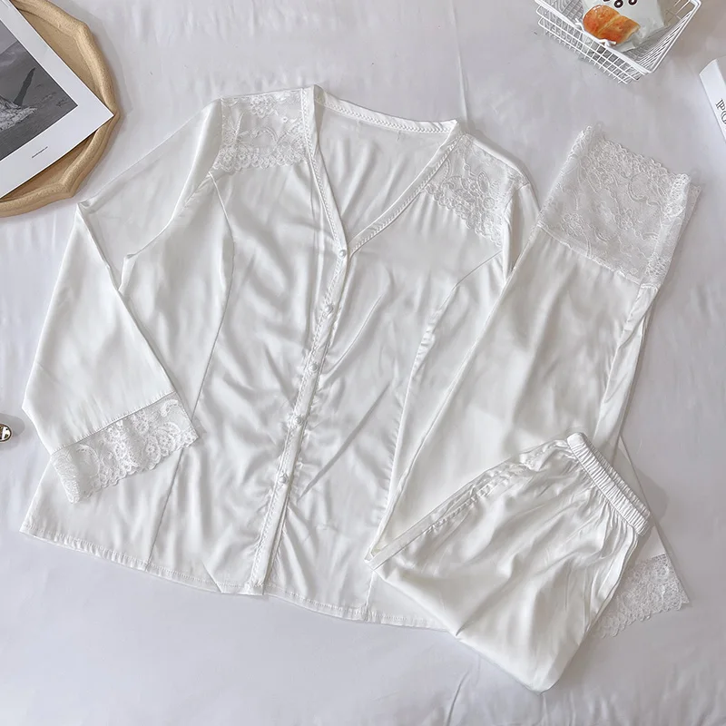 

Simple Pajamas Women's Spring Summer Long-Sleeve Pure Color Ice Lace Autumn Winter Thin Suit Artificial Silk Homewear