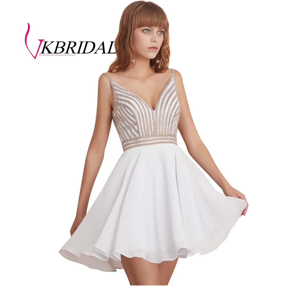 VKBRIDAL сексуальное короткое платье с v-образным вырезом для выпускного вечера Новое шифоновое бисерное милое платье с v-образным вырезом сзади - Цвет: Белый
