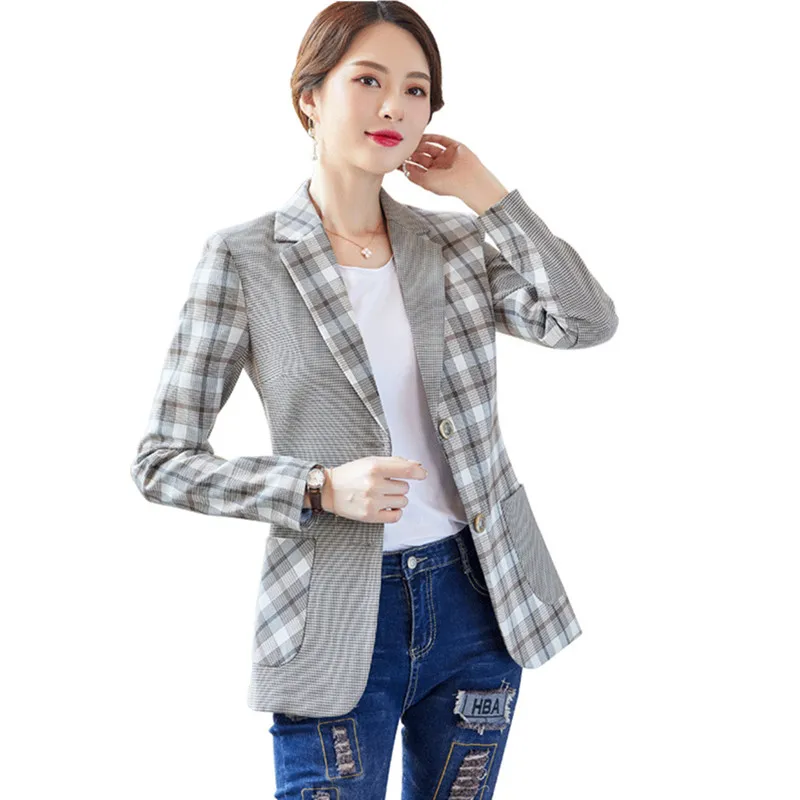 Женский блейзер в клетку офисный пиджак с длинным рукавом западном стиле модель
