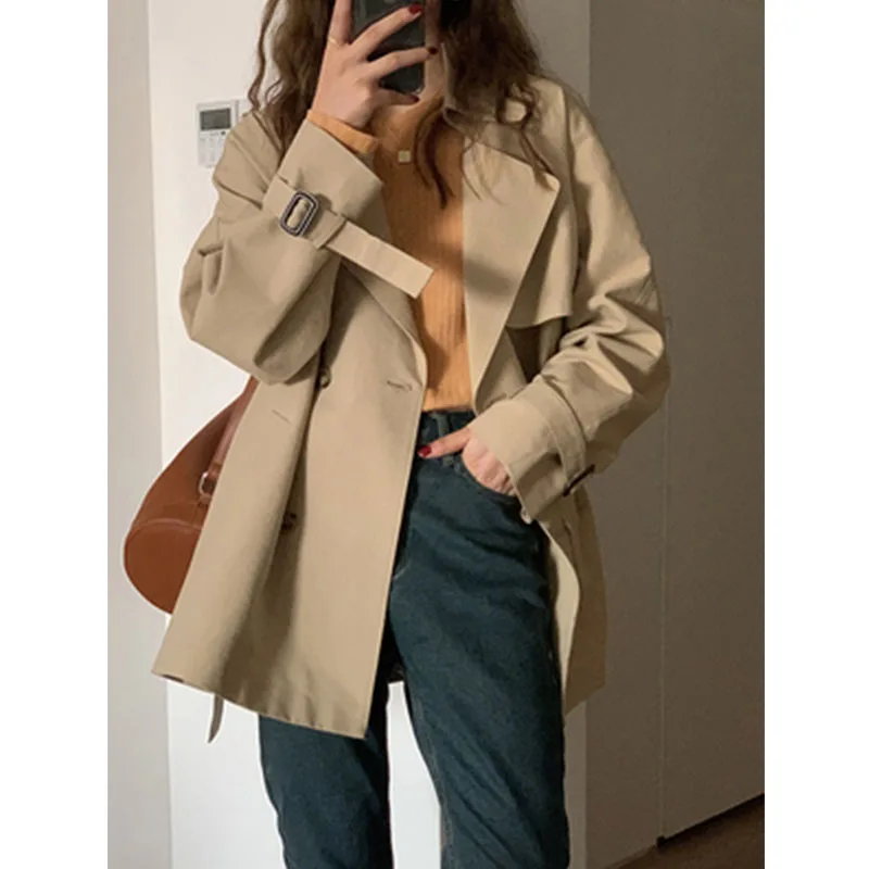 Женское элегантное черное пальто Осеннее женское двубортное длинное с шипами