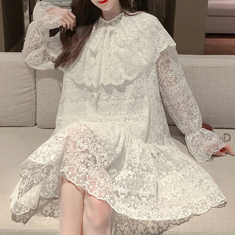 RealShe Peter Pan Collar Women Dress 2020 Flare Sleeve Lace A-Line Ladies Dresses Spring Casual Elegant Sweet Short |