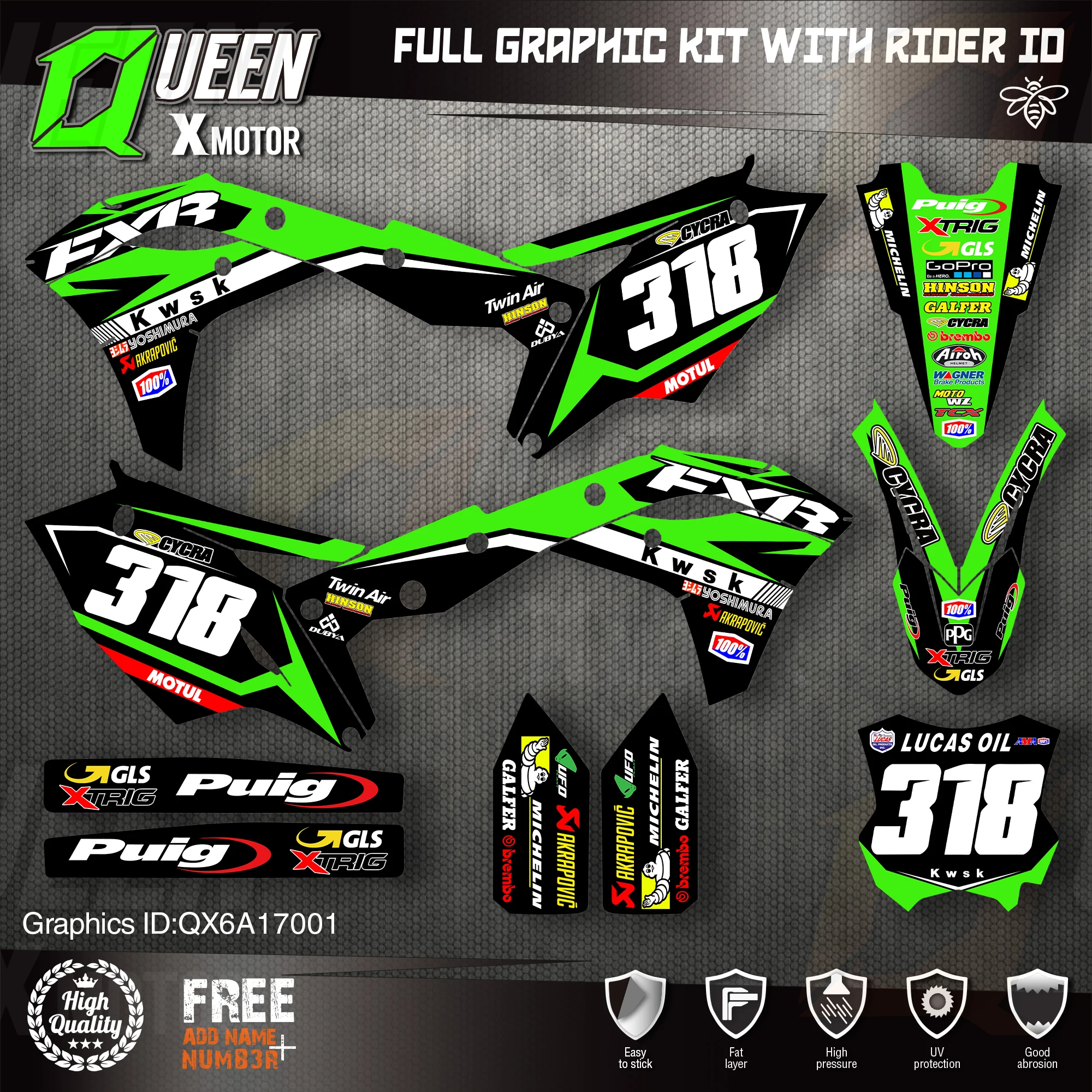 Queen X MOTOR Custom Team Graphics Decals Stickers Kit For Kawasaki Decal 2017 2018 2019 2020 KXF 250 001