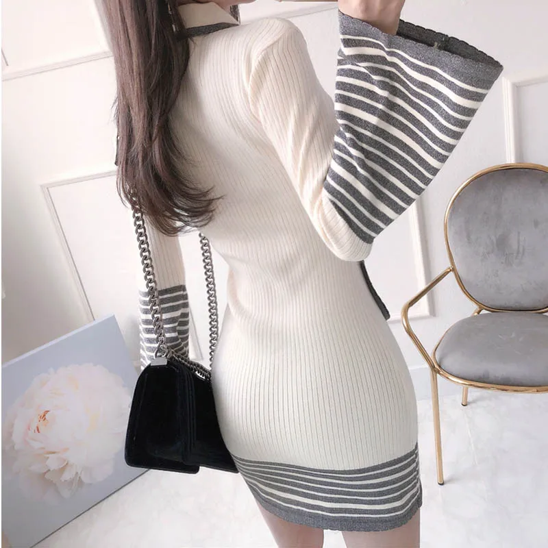 

One Piece 2020 Winter Women Dress Korean Long Sleeve Slim Woman Mini Knitted Dress Female Flared Sleeves Knit Sweater Dress Lady