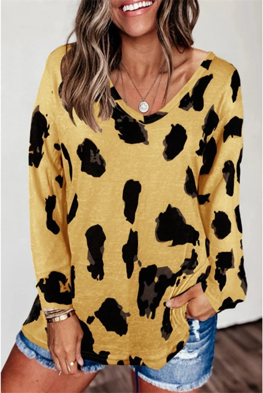 

Women Casual Soft Tops Tee Shirts Female Harajuku Mujer Camisetas Leopard V Neck Woman Tshirts Long Sleeve Loose Top