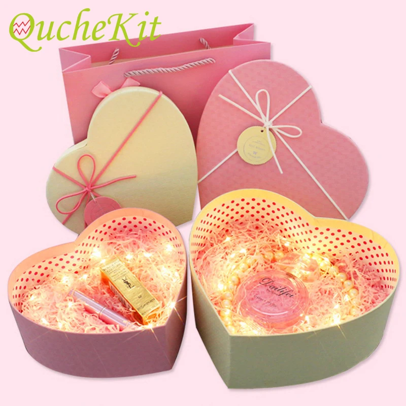 Heart Shape Pink Flower Gift Box Blue Florist Hat Box With Silk Card Christmas Valentine's Day Wedding Delicate Paper Gift Case