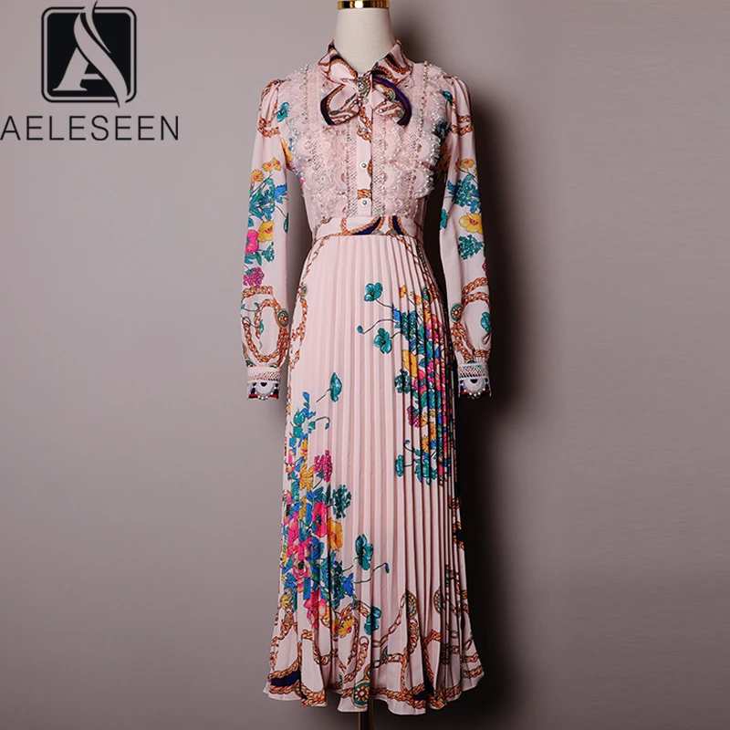 Женское плиссированное платье AELESEEN модельное длинное с длинным рукавом и