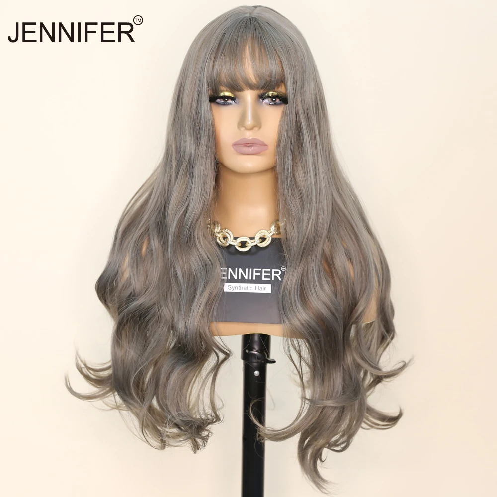 

Long Wavy Wig with bangs Synthetic Wigs for Women Cosplay Party Daily High Temperature Fiber Grey/Black color Full Mechanism