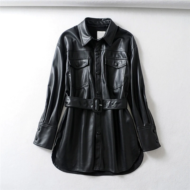 

r Jacket Biker Coats Casual Loose Outwear Tops Female Clothes 2020 Spring Autumn Women Chic Sashes Vintage Black Long Faux