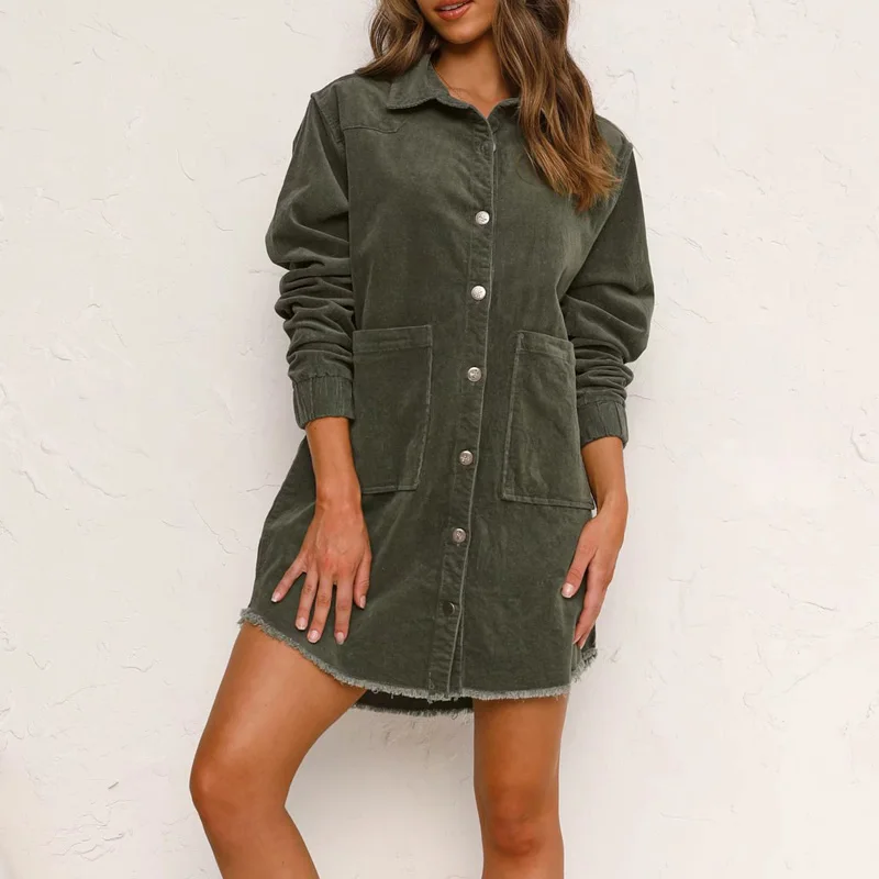 

Women Autumn Loose Shirts Jackets Coats 2021 Casual Solid Corduroy Pockets Female Fashion Street Long Jacket Outerwear