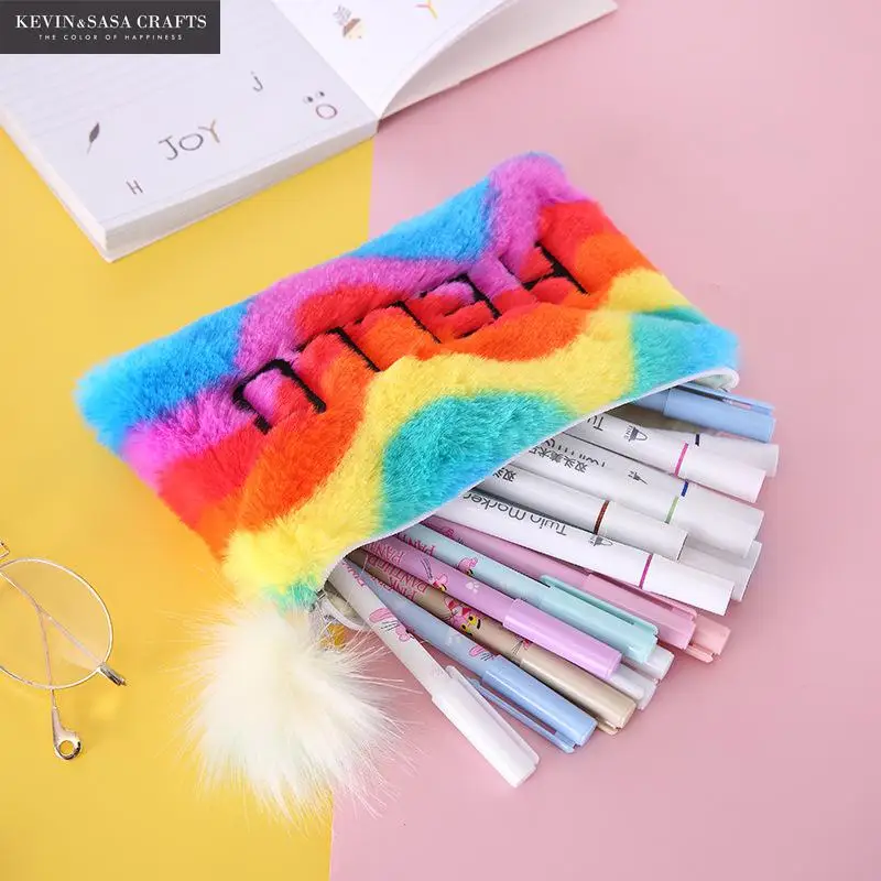 Радуга пенал качество плюшевые школьные принадлежности канцелярские подарок