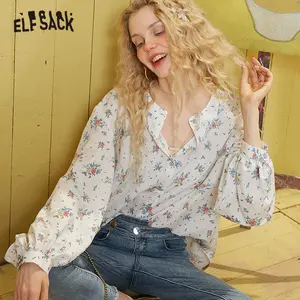 Женские блузки в Корейском стиле ELFSACK, белые блузки в Корейском стиле с цветочным принтом, винтажные повседневные топы на каждый день с длинными рукавами и одной пуговицей, весна 2020