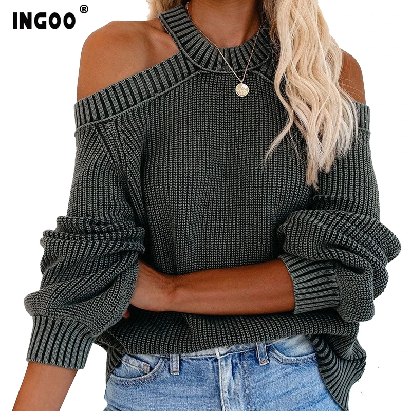 Женский свитер с вырезом на шее INGOO однотонный джемпер открытой спиной и пышными