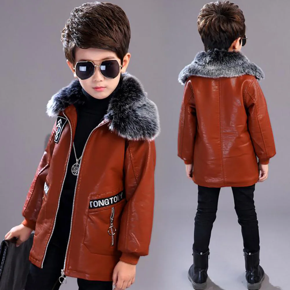 

Boys Faux Leather Jackets Children Coat For Autumn & Winter 2019 New Fashion Plus Velvet Thick Long Warm Leather Outerwear 4-13T