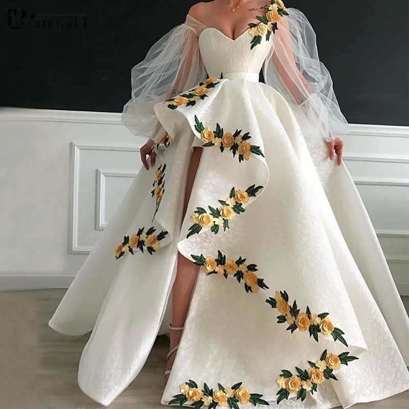 

Long Sleeves White Evening Dresses 2020 New Ball Gown Split Lace Flowers Islamic Dubai Saudi Arabic Long Formal Gowns Prom Dress