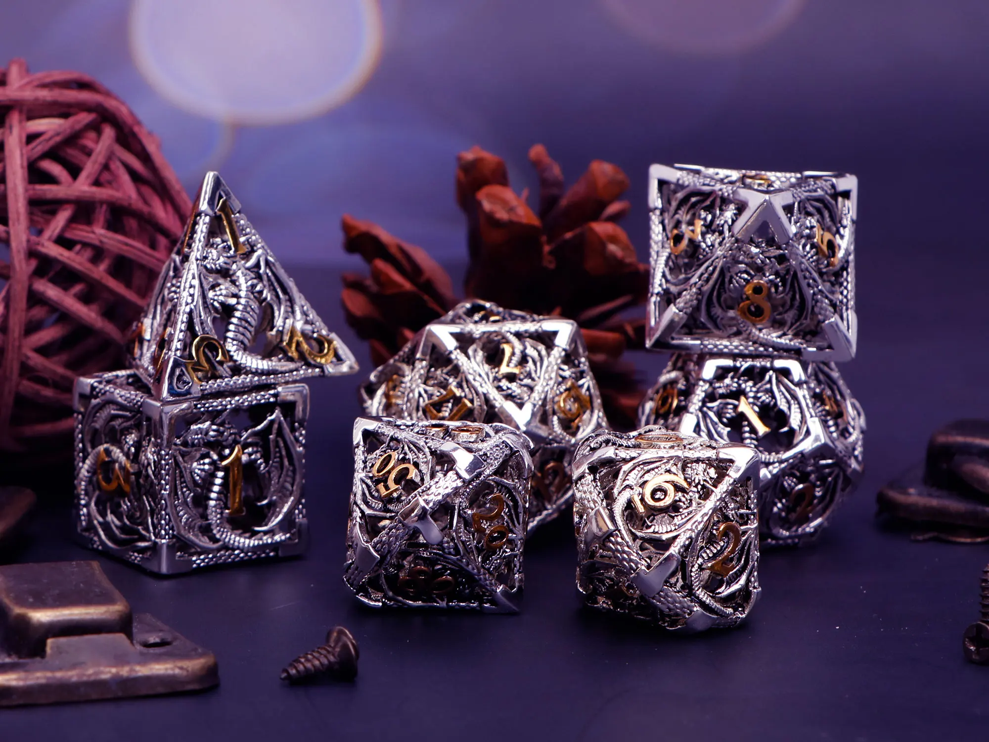 

Hollow Metal Dragon and Dungeon Dice Set Of Polyhedral Black D&d Dice D20 Rpg Role Playing Board Game Dnd Dice