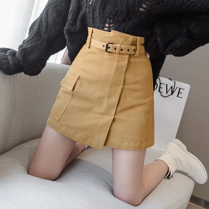 Yellow Trytree Autumn Women Casual Empire Short Skirt 5 Colour A-line Fashion Elegant Pockets Button Belt Mini Office Lady Short Skirt - Color: Yellow