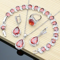 natural red garnet white topaz 925 silver fine jewelry sets for women wedding earrings with stone necklace set dropshipping
