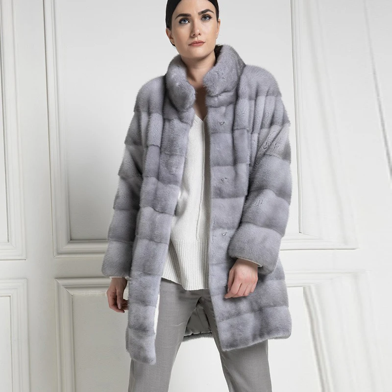

Grey Long Mink Fur Coat With Stand Collar 2021 New Fashion Woman Natural Mink Fur Coats Whole Skin Luxury Fur Overcoats Winter
