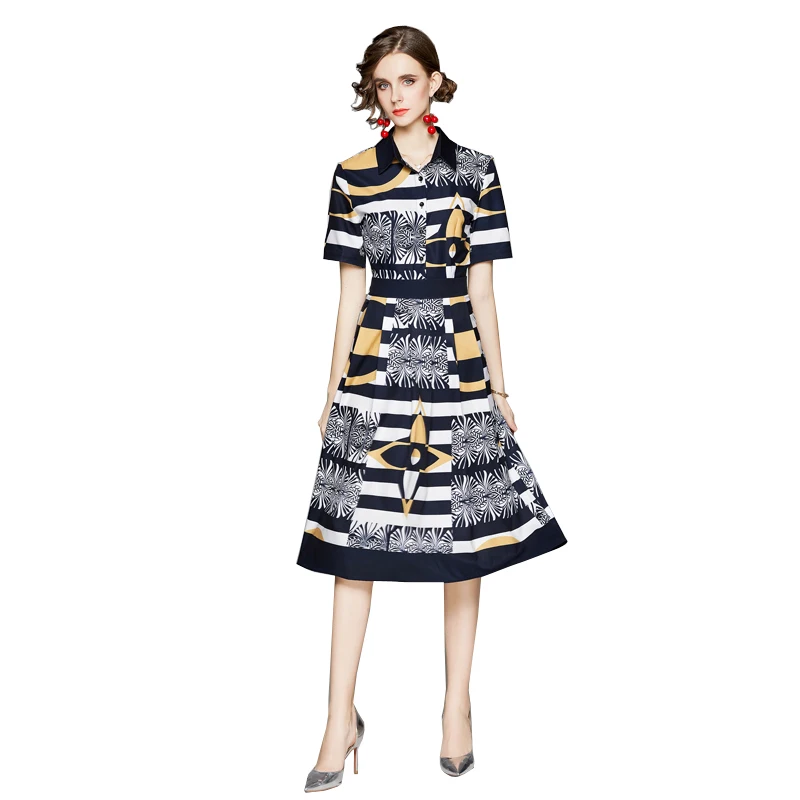 

2021Newest Fashion Runway Design Summer Girl Shirt Dress Women's Short Sleeve Turn Down Neck Black And White Printing Midi Dress