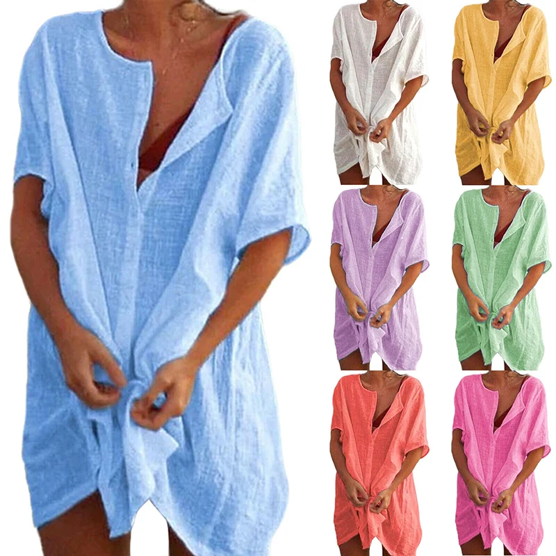 

Женское пляжное платье, однотонное винтажное праздничное платье в стиле бохо, с коротким рукавом и глубоким V-образным вырезом, лето 2020