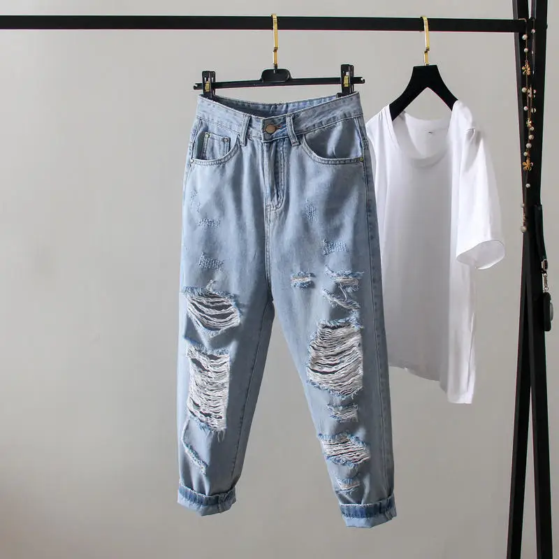 2020 Trousers Women Large Size Jeans Female Casual Loose Ripped for Denim Pants Streetwear Mom HK410 | Женская одежда