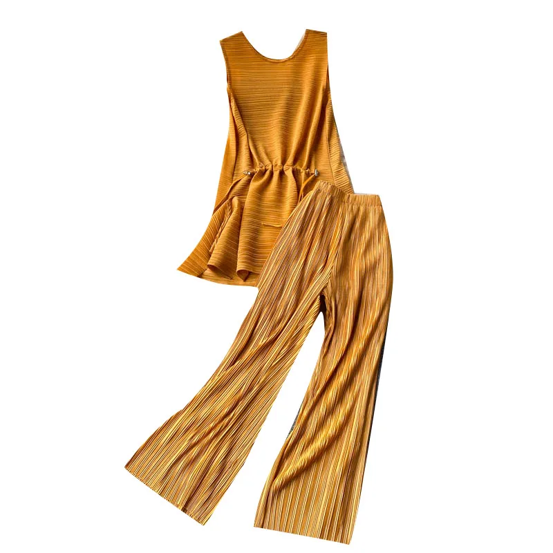 

Fashion Temperament Summer New Women's Heavy Industry Pleated Drawstring Waist Coat Wild Wide-leg Pants Two-piece Suit GL614