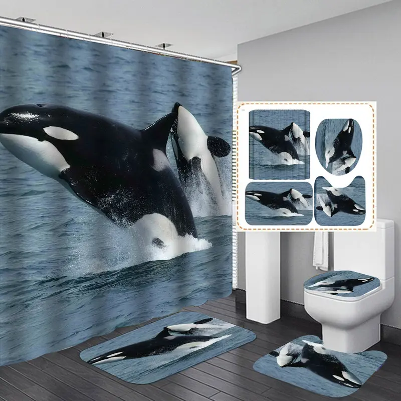 

Black Whale Sea Flannel Bath Mat Toilet Cover Rugs Fabric Shower Curtain With 12 Hooks Home Bathroom Decor Set