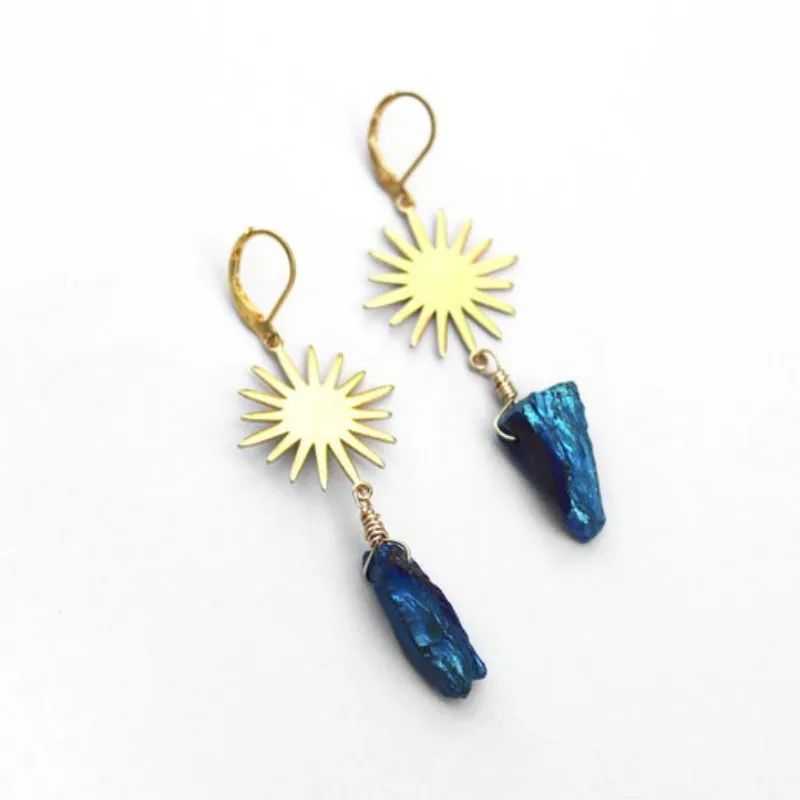 

Gold Sun Earrings Blue Quartz Earrings Boho Crystal Earrings Bohemian Earrings Celestial Sunburst Earrings Statement Earrings