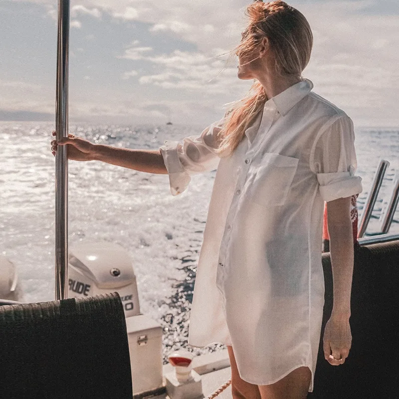 

Cover Ups Women Fashion Simply Solid Cardigan Summer Beach Cover-ups Loose Single Breasted Swimwear Mujer De Moda Blusas