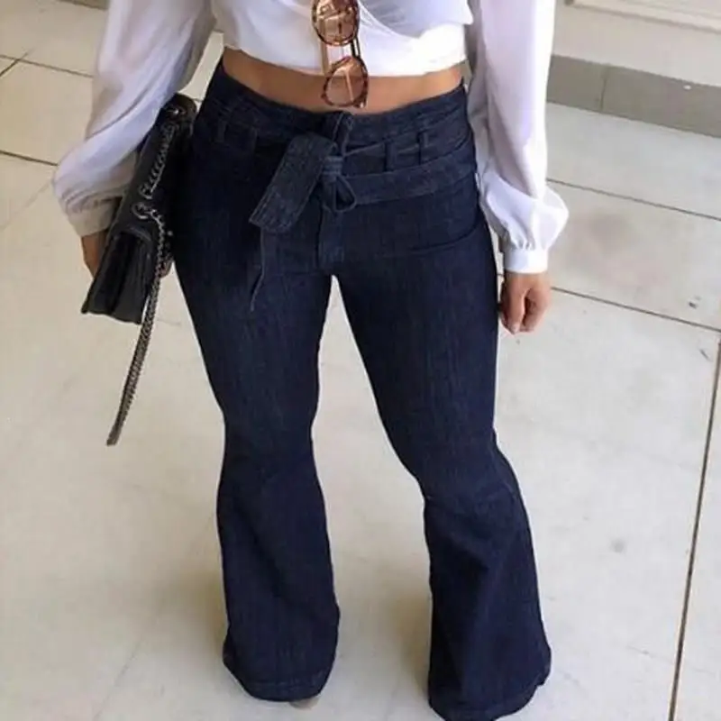 Autumn Women Blue Pockets Wide Leg Pants Sashes Belt High Waist Jeans Streetwear Lace Up Bell-Bottomed | Женская одежда
