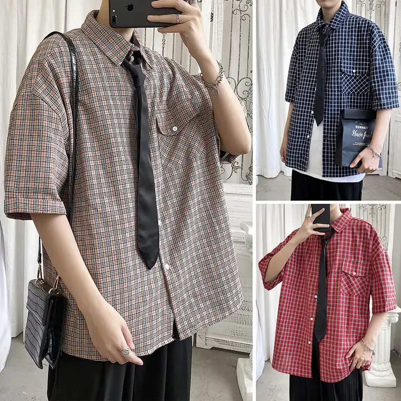 

2020 Give Tie Men's Fashion Loose Short Sleeve Shirt Lattice Printing Clothes Shirt Red/khaki/navy Color Camisa Masculina M-2XL