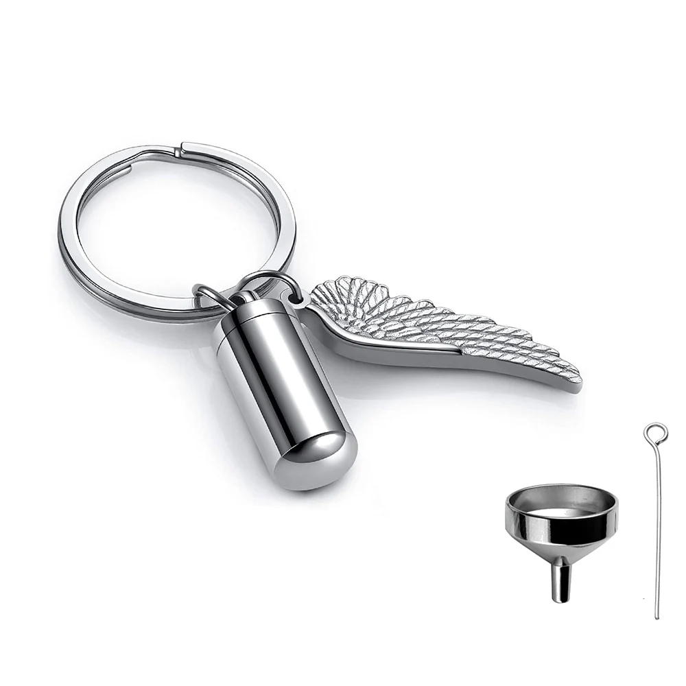 

Stainless steel silver cylindrical ashes keychain cremation jewelry for ashes pendant with angel wings urn keepsake gift