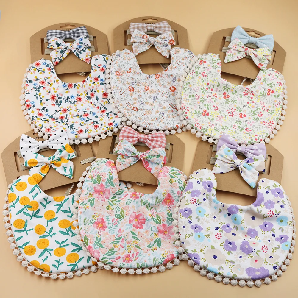 

12 Sets/Lot Baby Boys Girls Bibs & Headband Floral Dot Plain Print Tassel Dinner Saliva Towel Vintage Double Side Clothing Stuff