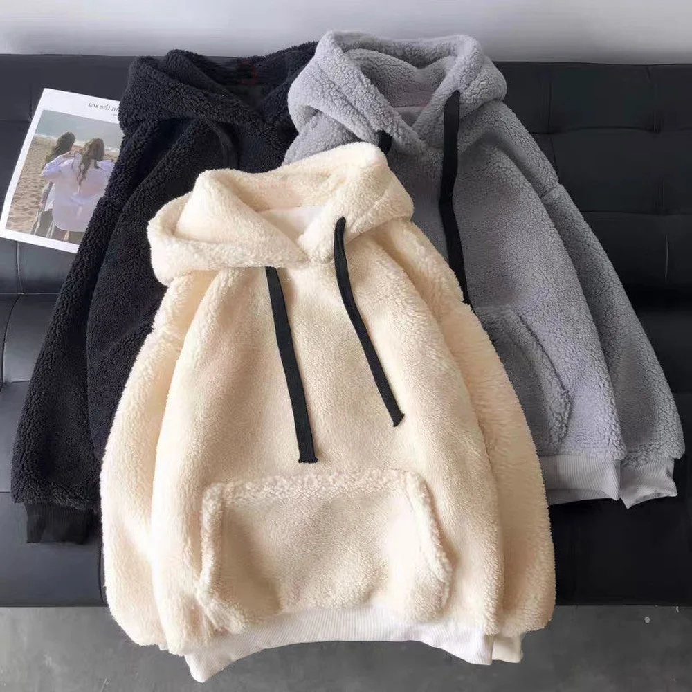 

Sweatshirts Hoodies Women Autumn Winter Plush Warm Fluffy Double Hoodies Pullover Loose Soft Thick Hoodie Tops for Teens 2021