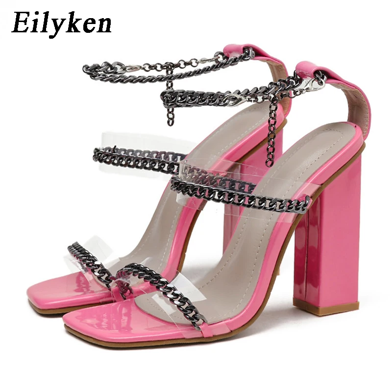 Туфли женские вечерние из ПВХ с металлической цепочкой на квадратном каблуке |