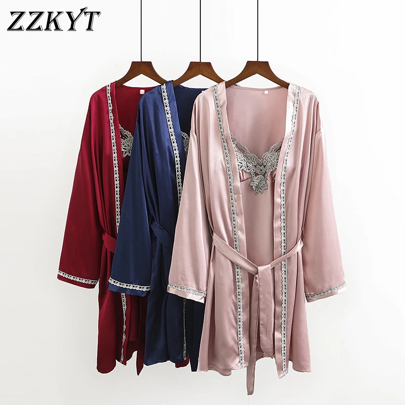 

Summer 2PC Silk Robe Sleep Suit Womens Lace Satin Pajamas Gown Set Cami Nighties Wear Pijama Home Nightwear Spring Nightdress