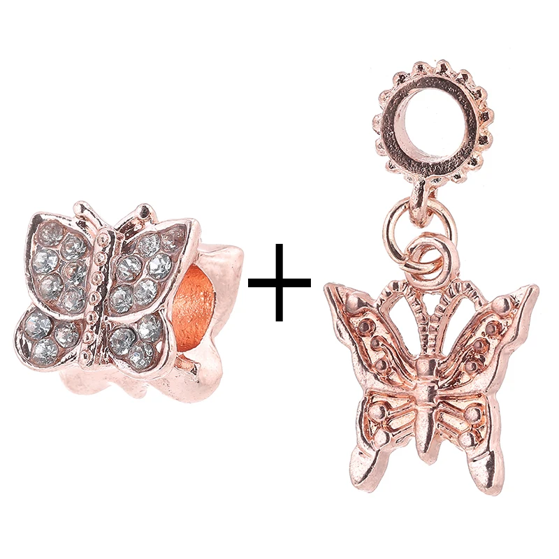 

Buipoey Pink Crystal Heart Flower Beads Butterfly Dangle Charm Fit Rose Gold Charm Bracelets & Necklace Diy Jewelry Accessories
