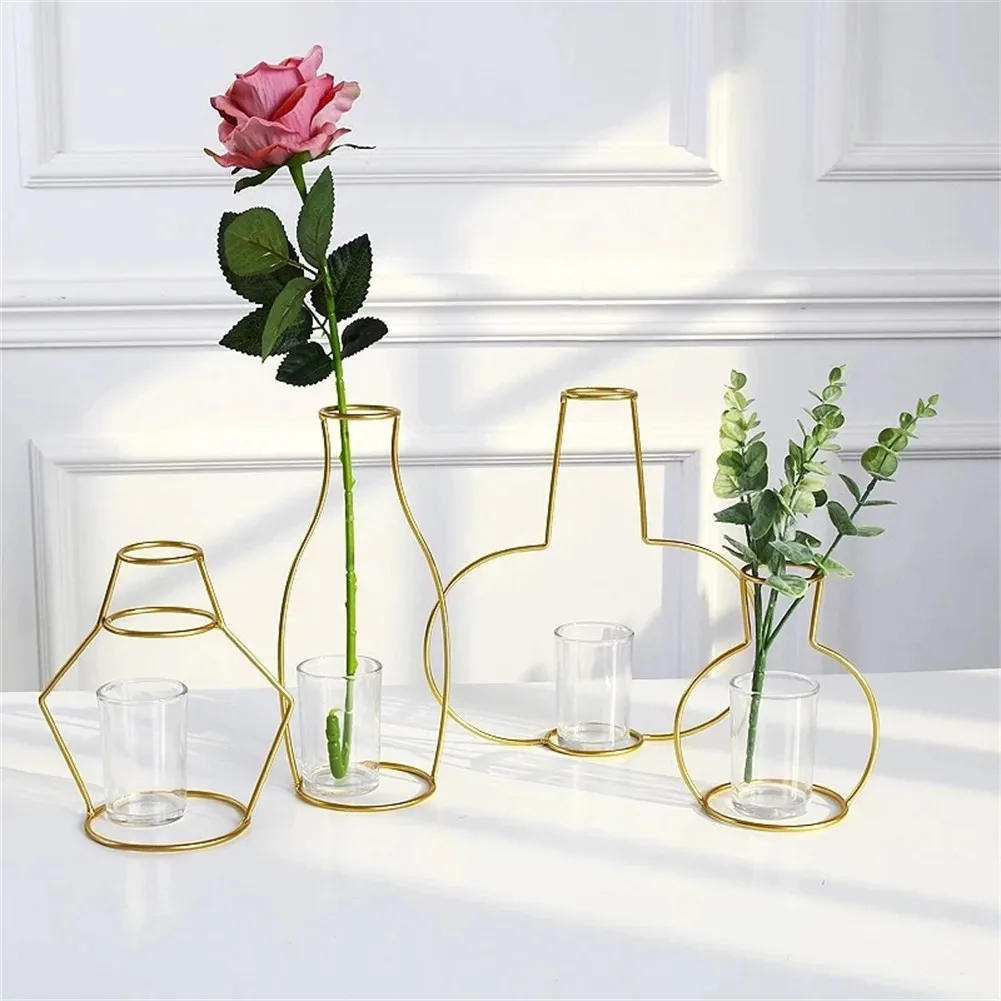 Gold Retro Iron Line Table Flowers Vases Nordic Decor Home Metal Plant Holder Bedroom Office Decorateion