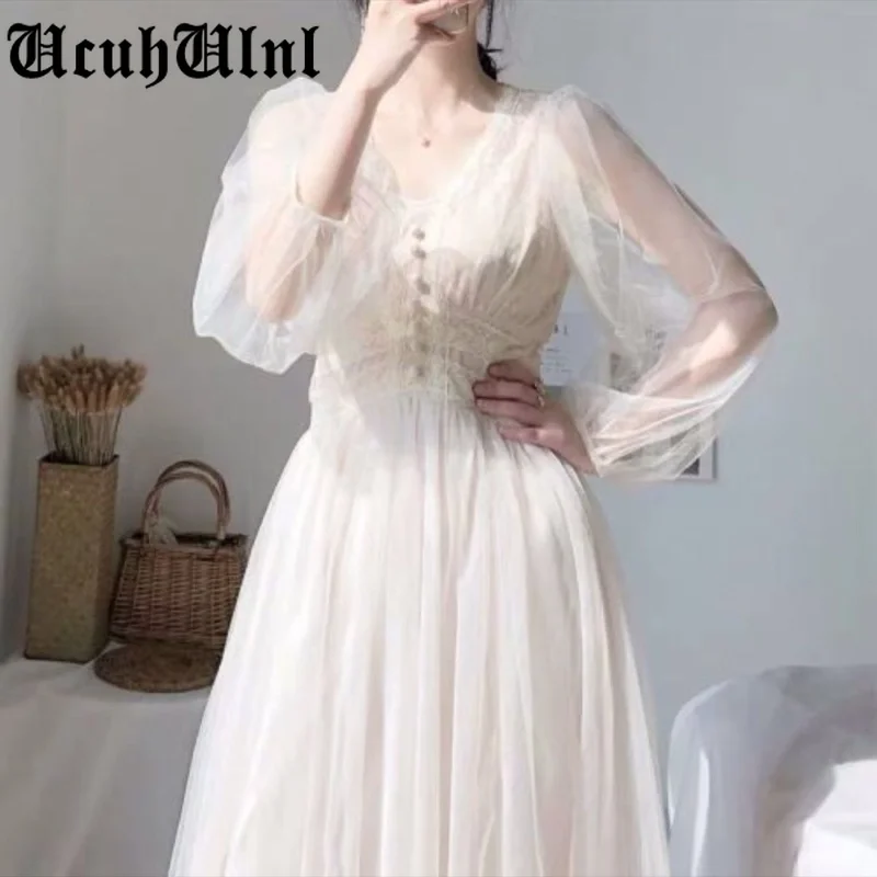 

2021 Women Spring Dress Vintage Elegant with Button A-Line Dress Solid Puff Sleeve Lace Voile Mesh Dress Women