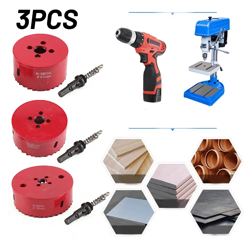 

3pc 60/80/100mm M42 Metal Hole Saw Holesaw Arbor Pilot DrillBit Wood Plastic+Rod