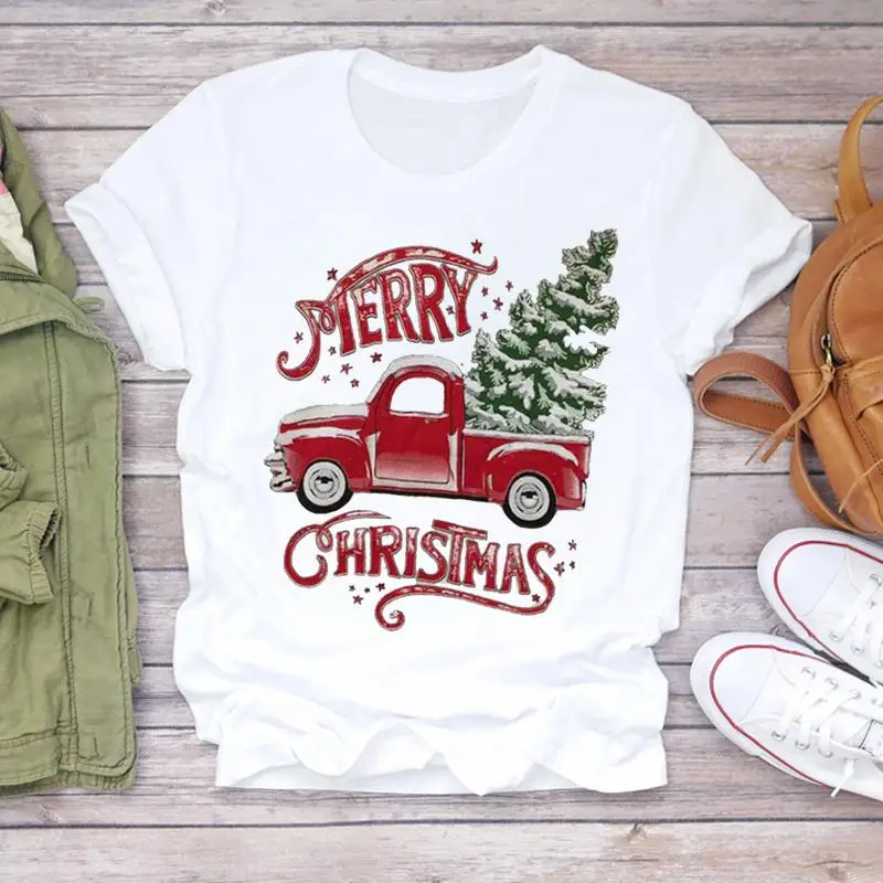 

Женская футболка с изображением дерева на новый год, милая женская футболка с рождественским принтом, футболка с круглым вырезом, женские ф...