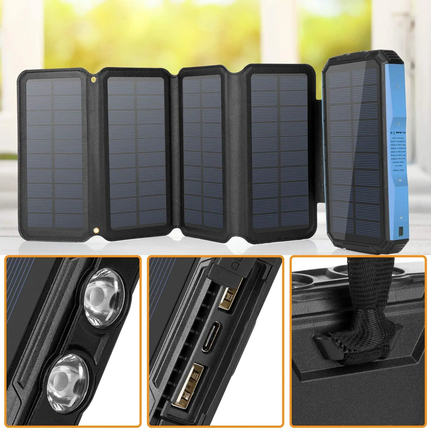 Satılık Güneş Enerjisi şarj Cihazı 26800mAh PD Taşınabilir Güç Banka 5 Panelleri 7.5W Yüksek Verimlilik Ile Ultra Parlak 60-LED Panel AYDINLATMA Ve El Feneri