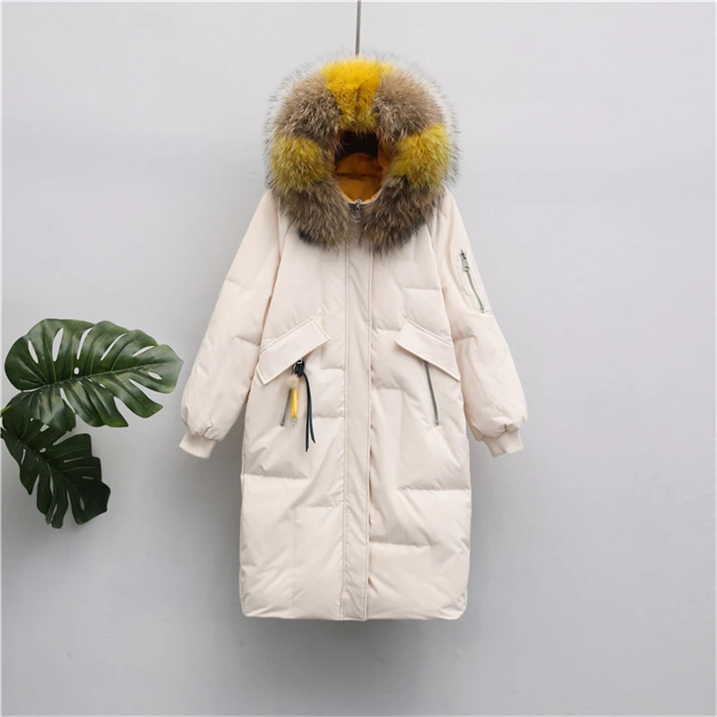 Женский длинный пуховик со скорпионом свободный выше колена с большим меховым