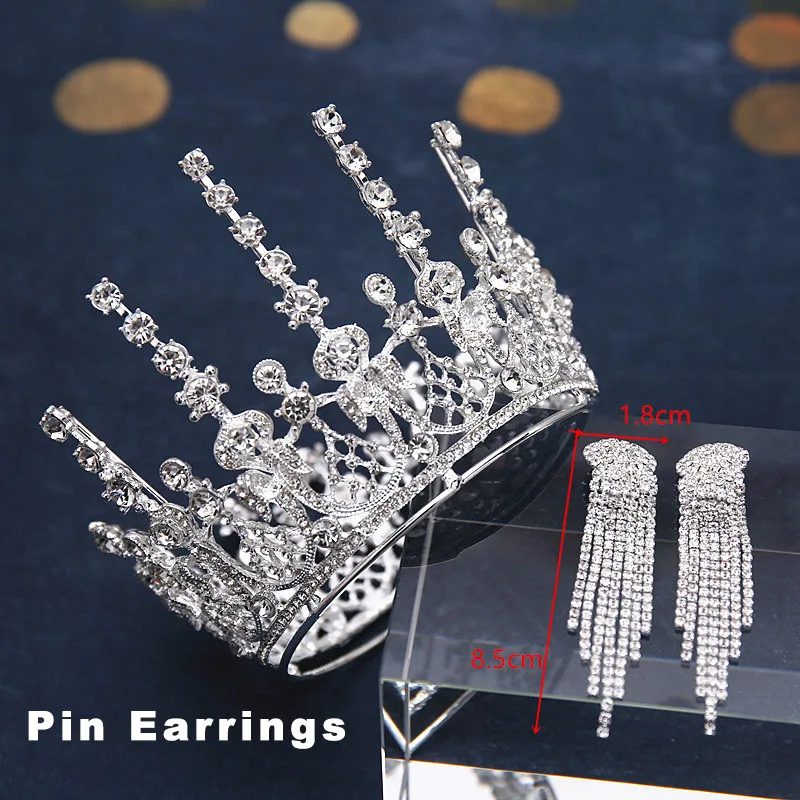 SilverCrown Ear Pin Свадебные комплекты ювелирных изделий барокко круглый набор с тиарой полный круг Корона Ожерелье Серьги Королева Принцесса пышный день рождения корона ребенок - Окраска металла: SilverCrown Ear Pin